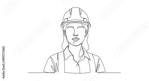 Stylized line art portrait of a determined female construction worker wearing a hard hat and protective vest