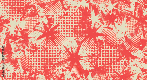 Abstract red and cream patterned background with starburst and halftone elements.