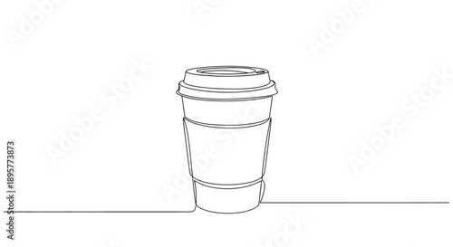Minimalist single line drawing of a tall disposable coffee cup with a lid and sleeve on a white background