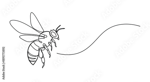 Whimsical hand drawn line art illustration of a busy bee flying in a dynamic pose with a wavy trail behind it