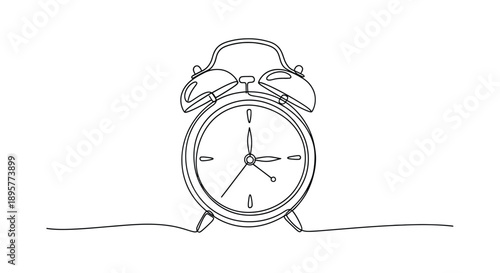 Minimalist single line drawing of a vintage alarm clock with bells on top against a white background