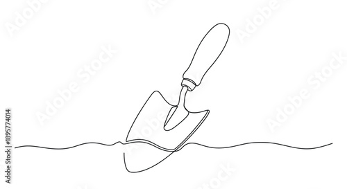 Simple continuous line drawing of a garden trowel partially submerged in wavy soil or water representing gardening and cultivation