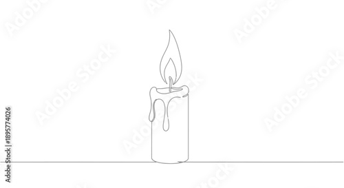 Minimalist single line drawing of a lit candle with dripping wax and flickering flame on a clean white background