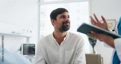 Happy man, nurse and tablet with patient for medical diagnosis, results or clinic treatment. Male person, listening and appointment with doctor for health recovery, hospital checkup or consultation