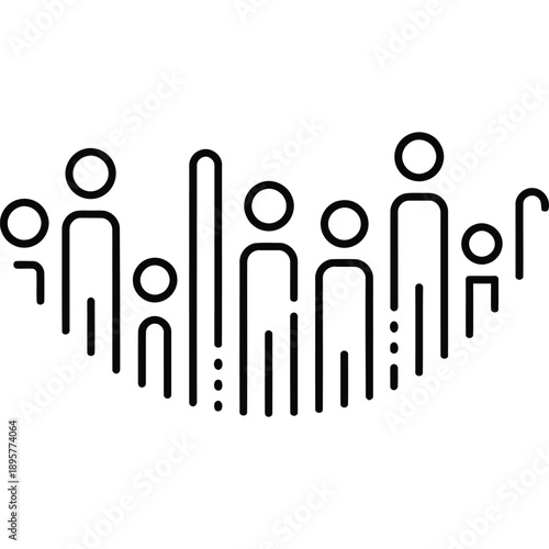 Minimalist Line Drawing Icon of People Waiting in Queue, Including Adults and Children