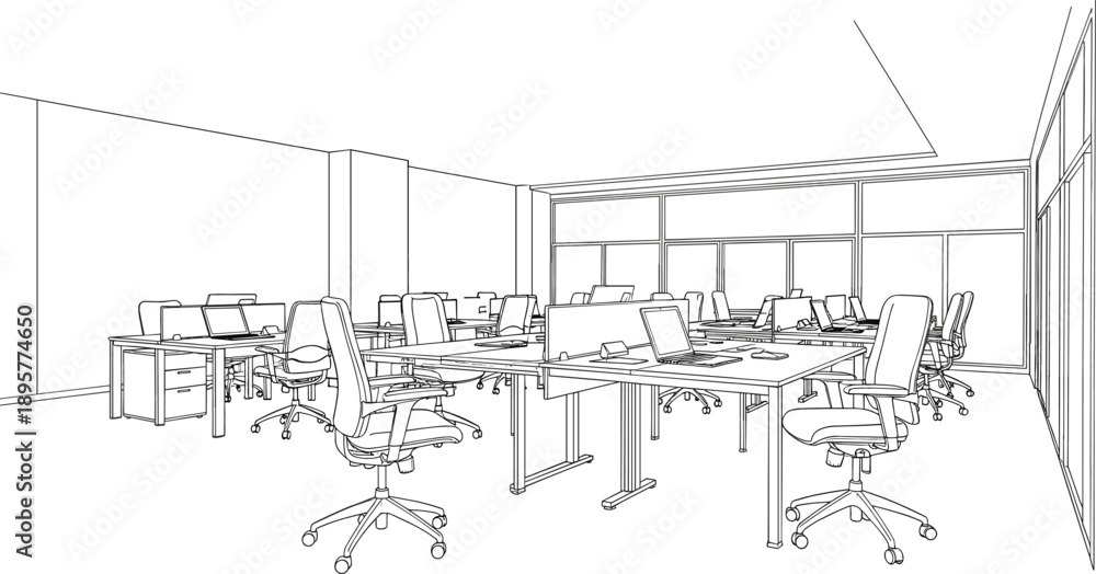 Obraz premium Detailed perspective line art of a modern open plan office interior featuring multiple workstations desks and ergonomic chairs