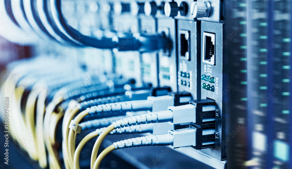 Fototapeta premium Fiber Optical cables connected to an optic ports and Network cables connected to ethernet ports