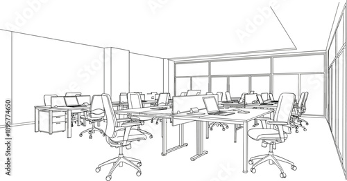 Detailed perspective line art of a modern open plan office interior featuring multiple workstations desks and ergonomic chairs