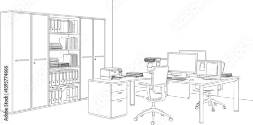 Detailed line art illustration of a modern office workspace featuring computer desks shelving units and organized filing cabinets