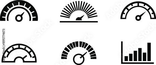 Collection of six black and white gauge icons for user interface design