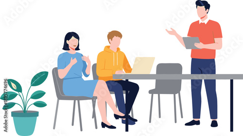 Corporate team brainstorming session illustration featuring creative professionals collaborating on a project in a modern office environment