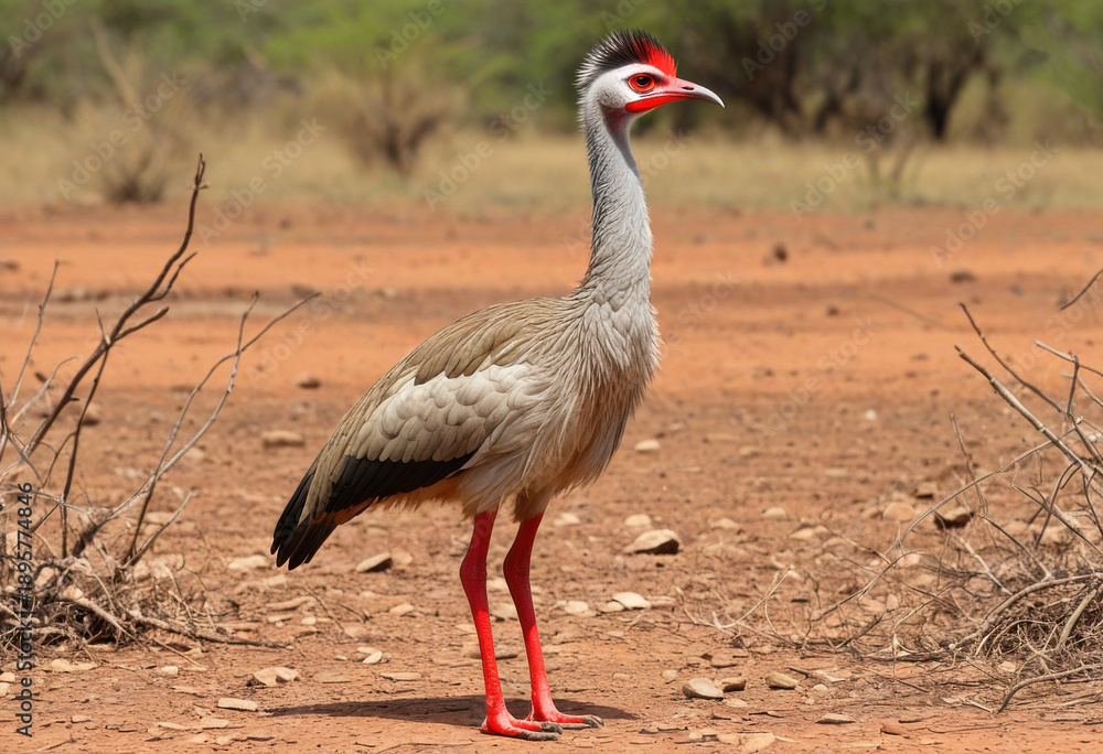Fototapeta premium Red-legged Seriema standing tall on the dry earth, looking for prey