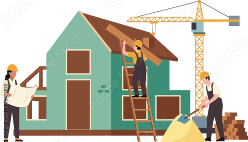 Construction site illustration featuring house building process with workers crane blueprints and residential development project flat vector graphic