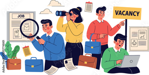 Professional flat illustration of people searching for jobs with vacancy sign binoculars and magnifying glass for recruitment and career hiring concept.