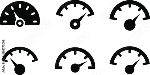 Six black and white speedometer icons on a plain white background image