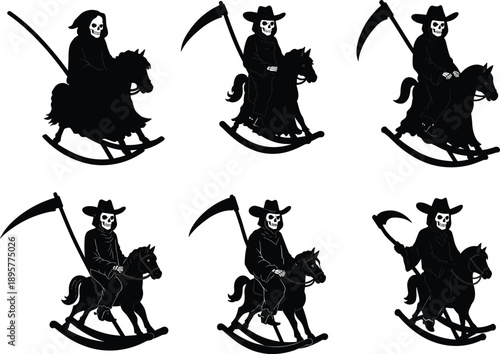 Skeleton rider silhouette illustration, rocking horse design, Grim Reaper theme, spooky character set, scythe pose, Halloween concept, black vector graphic, eerie style, fantasy mood