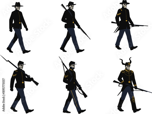 Skeleton soldiers, military uniforms, rifle holding figures, spooky army, horror theme, undead warriors, dark illustration, war costume, eerie pose, fantasy troops, death in battle, ghost army