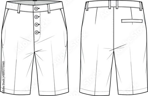Men's Tailored Bermuda Shorts Technical Flat Sketch Vector with Button Fly and Back Pocket Detail