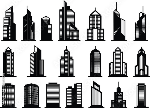 Skyscraper silhouette collection, high-rise buildings, architectural design, urban skyline, black and white illustration, modern towers, cityscape elements, vertical structures, construction concept