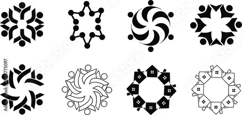 Abstract community logo set featuring interconnected geometric shapes and colorful house icons symbolizing unity diversity and collective identity