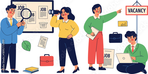 Professional flat illustration of people searching for jobs with vacancy sign binoculars and magnifying glass for recruitment