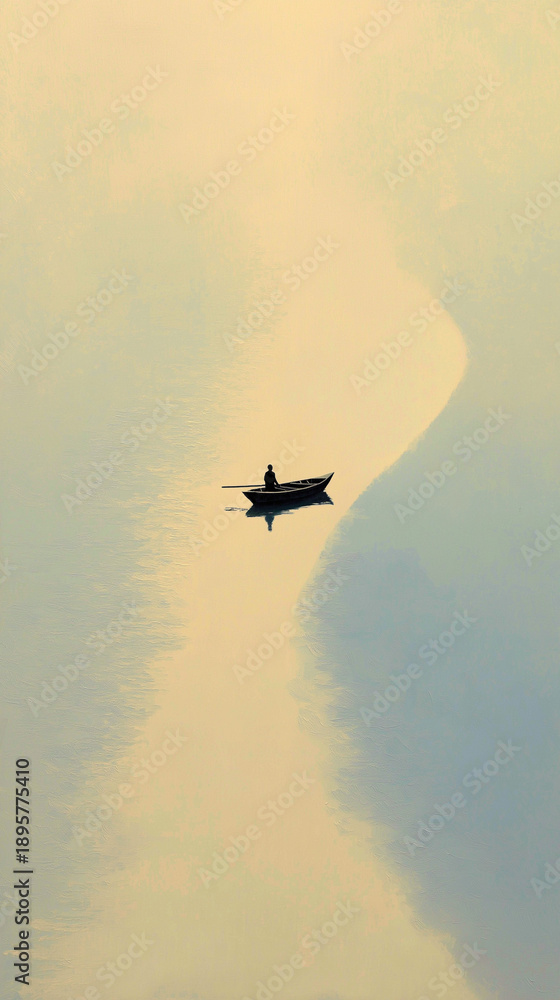 Fototapeta premium Silhouette of person rowing boat on calm water
