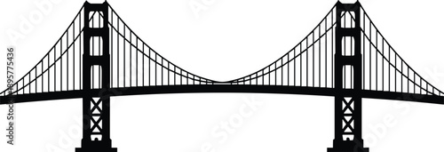 Suspension bridge silhouette, Golden Gate style, civil engineering, black and white, landmark icon, structural design, transportation infrastructure, architectural symbol, bridge span, tower cables