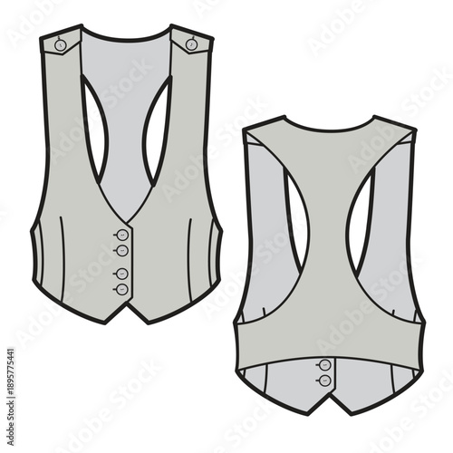 Waistcoat technical flat drawing vector mockup template.
