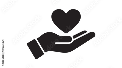 Hand holding heart in simple minimalist black silhouette on white background for charity icon