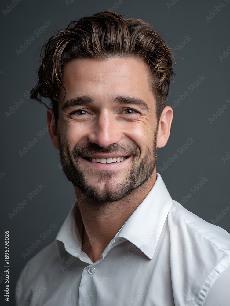 Fototapeta premium The team leader, with a polite and friendly demeanor, wears light, natural makeup.