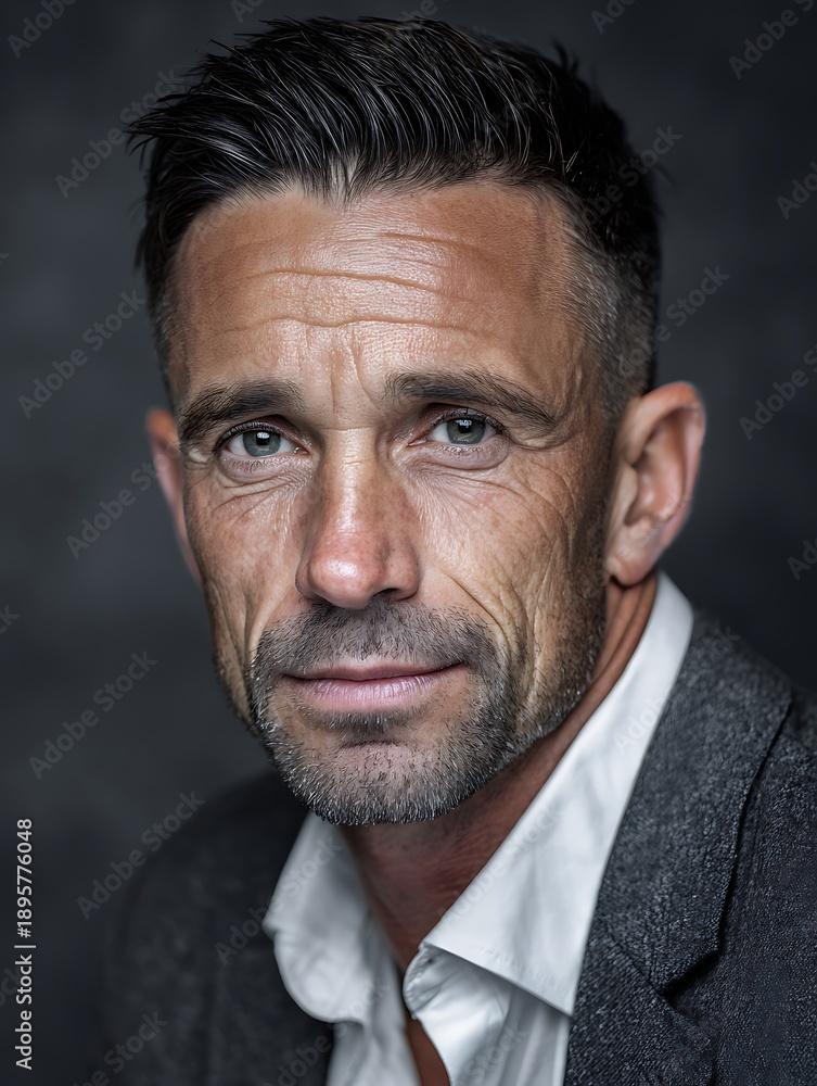 Fototapeta premium A 40-year-old man with a senior executive look, wearing light makeup, appearing composed and serious.