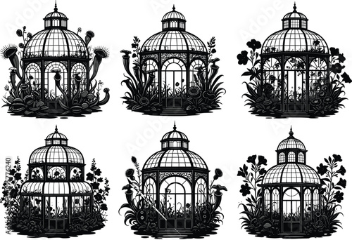 Victorian greenhouse illustration, botanical conservatory art, vintage glasshouse design, black and white garden architecture, ornate plant house, carnivorous flora, elegant dome structure, floral