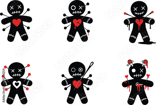 Voodoo doll silhouettes, stitched figures, red pins, spooky design, horror theme, creepy toys, dark art, haunted expression, Halloween illustration, eerie character, supernatural vibe, black dolls