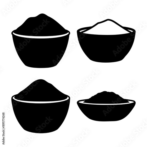 Collection of black silhouette icons depicting various bowls filled with powdered ingredients