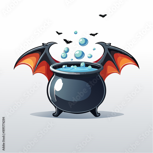 Spooky Witch's Cauldron with Bubbling Potion and Flying Bats, Halloween Magic Concept.