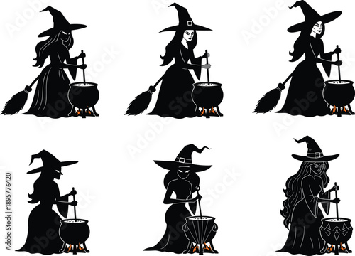 Witch cauldron silhouettes, stirring poses, pointed hats, fire under pot, spooky theme, Halloween concept, fantasy illustration, character lineup, magical sketch, dark costume design