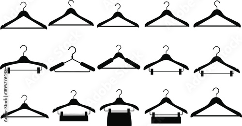 Large set of black clothes hanger silhouettes featuring various styles including plastic wire and clip hangers for retail.