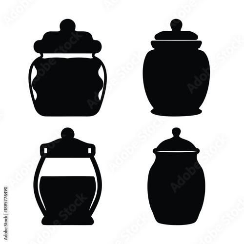 Collection of stylized black jar and pot silhouettes with lids, ideal for kitchen or food storage icons