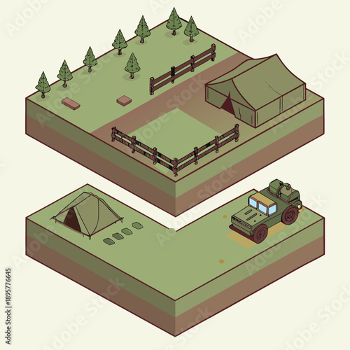 Isometric view of a rustic campsite featuring a military-style jeep and various tents on raised earth blocks.