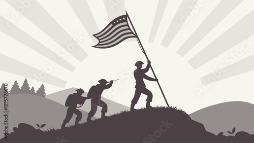 Silhouette of soldiers ascending a hill while planting a stylized american flag at sunrise