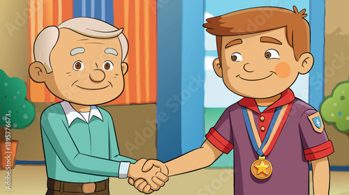 Smiling senior man shakes hands warmly with a proud young boy wearing a gold medal award