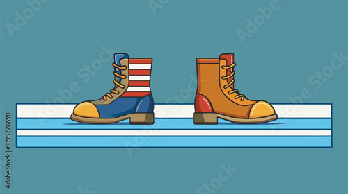 Illustration depicting a pair of contrasting patriotic and plain work boots standing side by side