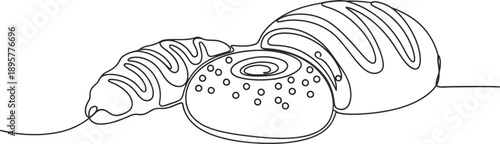 Continuous line drawing of croissants and donut