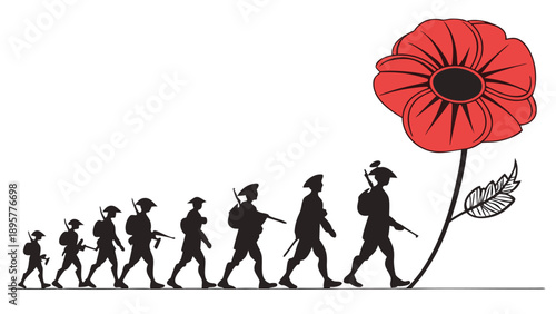 Silhouettes of soldiers marching toward a symbolic red remembrance poppy flower illustration
