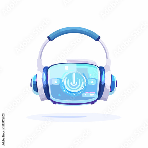 Futuristic virtual reality (VR) headset with glowing display, symbolizing immersive digital experience, isolated white background.