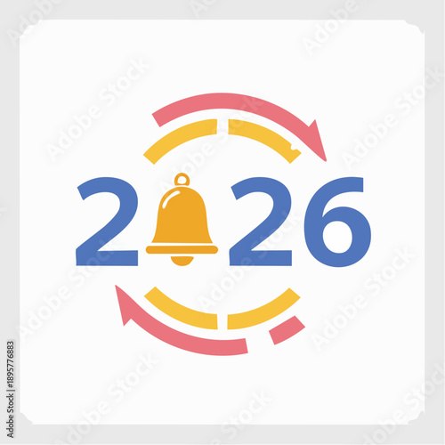'2426' text with bell icon and circular arrows, symbolizing updates and transitions, isolated white background.