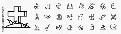 Halloween icon set. Containing potion, bat, skul, ghost and more. Solid black icons collection.