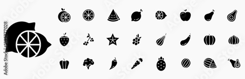 Fruits and vegetables icon set. Include apple, orange, carrot, grape, strawberry, watermelon, broccoli and more. Solid black icons collection.