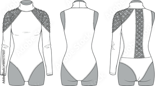 Women's Mock Neck Bodysuit Technical Fashion Flat Sketch with Lattice Shoulder Detail Vector Template
