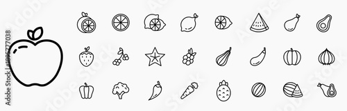 Fruits and vegetables icon set. Include apple, orange, carrot, grape, strawberry, watermelon, broccoli and more. Black line icons collection.